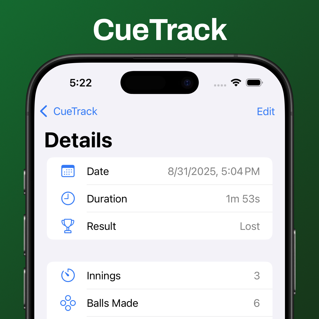 CueTrack app screen on iPhone